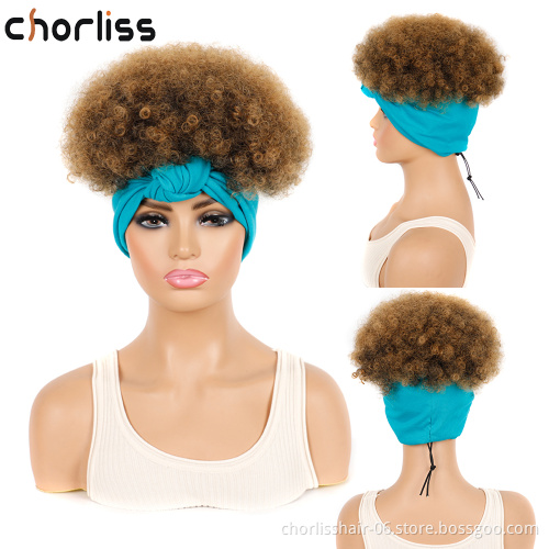 Wholesale Ombre Short Kinky Curly Fluffy Turban Wrap Wigs Heat Resistant Afro Synthetic Headband Wigs For Black Women